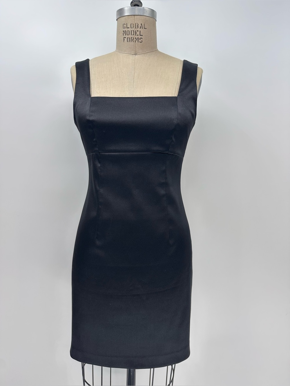 VTG Black Satin Square Neckline Open Back Mini Dress Size 6